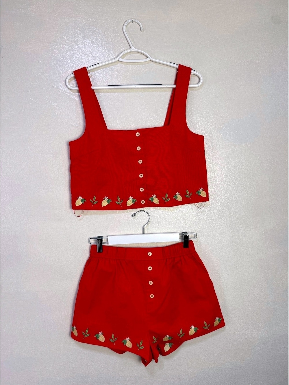 LE LIS COLLECTION Red Embroidered Crop Top and Shorts Set